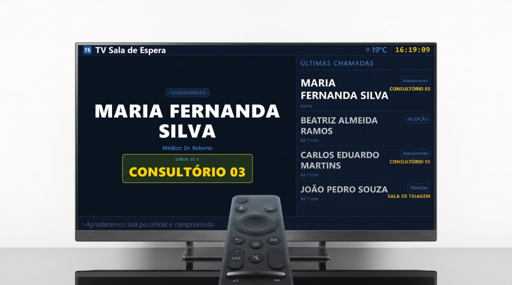 Painel de chamada na TV da sala de espera — ScreenFlow Med