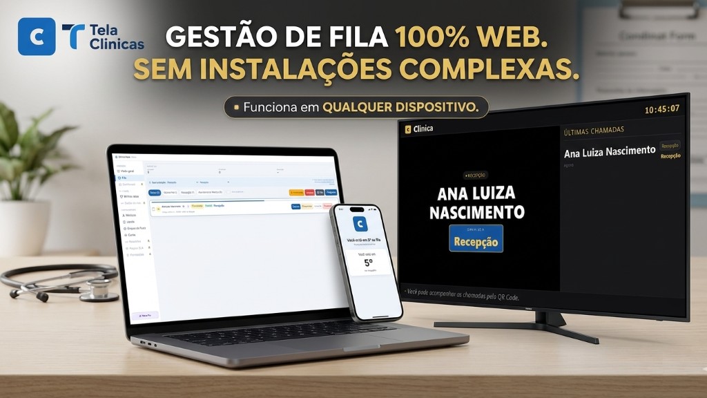 Ecossistema ScreenFlow-Med em laptop, celular e TV sincronizados na nuvem