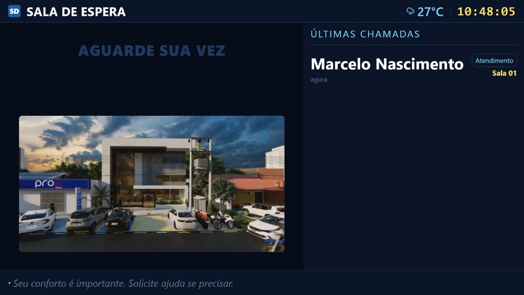 TV na sala de espera exibindo mídia institucional e últimas chamadas