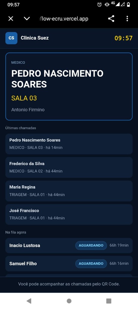 Interface mobile do paciente mostrando chamada em tempo real na clínica