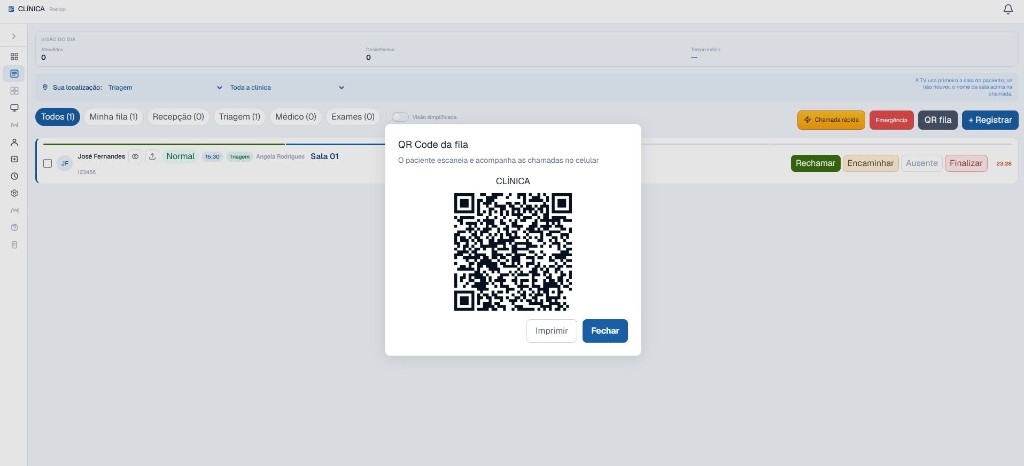 Popup de QR Code da fila para pacientes acompanharem pelo celular