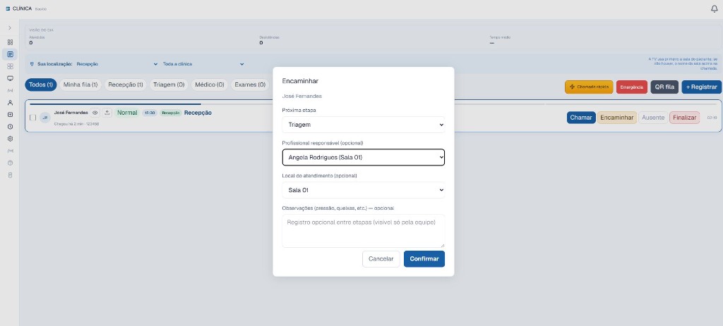 Popup de encaminhamento dinâmico de paciente para triagem ou consultório